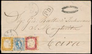 1863 Brief van Siena naar Chur (Zwitserland) met 3-kleuren frankering Sardegna 