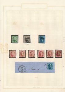 N° 13/16, verzamellotje van N° 13 (1 ex.), N° 14 (23 ex.), N° 15 (28 ex. en 2 paren) en N° 16 (6 ex.) kleuren, griffen, afstempelingen (Balk en punt), enz.. zm/m
