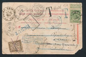 1903 N° 83 op postwaardestuk, vanuit Peruwelz, dd. 18 januari 1903, naar Chava (Saigon-Cohenchine), het postdocument vertoont verschillende stempels zoals 