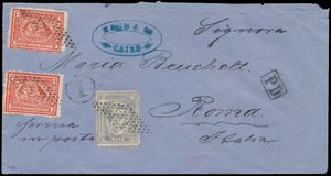 1875 N° 37 + 38 (S.G.), omslag van Caïro naar Rome, Italië voorzien van Bulaq 20 pa grijsblauw en twee losse postzegels van de 1 pi rood, allemaal gestempeld met nette afdrukken van de zogenaamde 