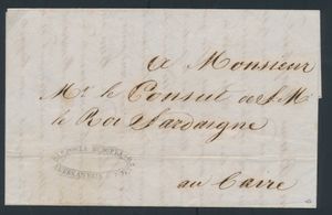 1845 complete pre-filatelistische gevouwen omslag (in het Frans) verzonden van Alexandrië naar Caïro en geadresseerd aan de Sardijnse consul, met 