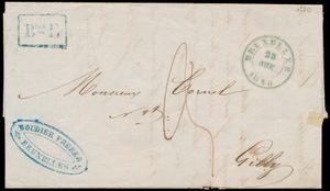 1848 Voorloper met inhoud, vanuit Bruxelles (Herland type 15), dd. 25 november 1848, naar Gilly (aankomststempel Charleroi), met blauwe stempel 