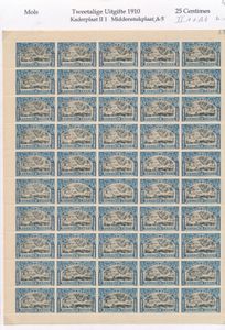 N° 57 “25c. blue”, complete sheet of 50, combination II.1 + A.4, vf (COB €300)