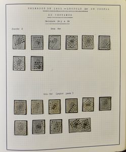 N° 17/20, grote verzameling zegels en enkele kleurproeven, vooral op de N° 17/18, kleuren, stempels, curiositeiten, meerdere honderden zegels, opgemaakt op eigen bladen in klemalbum, zm/m/ntz