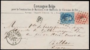 1864 N° 15A en 16A, beide op briefomslag, vanuit Pt.60-Bruxelles, dd. 28 juli 1864, naar Bilbao (Spanje), posities 135 (15A) en 56 (16A), op keerzijde, mooi ambulante stempel 