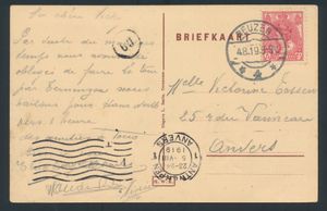 1919 Terneuzen, afstempeling dd. 4/8/19, naar Antwerpen, met aankomst op 5/VIII/19, met Belgische censuur (stempel op de voorzijde), zm