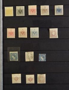 1850/1890 Voorraad klassiek in insteekboek met Neudrücke en groot aantal zegels goed na te zien op stempels, etc., proeven, interessant lot, zm/m/ntz