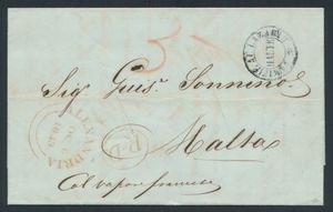 1843 complete pre-filatelistische gevouwen brief van Alexandrië naar Malta met een uiterst keurig afgestempeld Brits vertrekstempel in rood op de voorzijde, samen met 