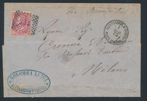 1873 T20 (Sass.), omslag van Alexandrië, Egypte naar Milaan voorzien van een Vittorio Emanuele II 40c roze-karmijn gestempeld met 