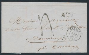 1851 Voorloper met inhoud, vanuit Etreux (Frankrijk), dd. 16 augustus 1851, naar Dampremy (par Charleroy), mooie stempels keerzijde waaronder grensstempel rood 