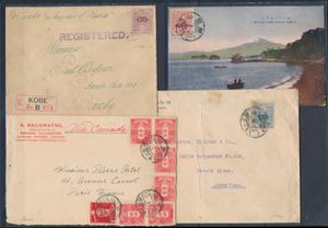 4 vroege poststukken, w.o. een omslag vanuit Kobe via de Canadese SS Empress of Russia naar België, een briefkaart naar Argentinië, via Canada naar Frankrijk en een postkaart naar België, f