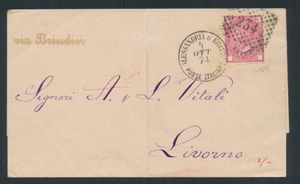 1874 N° 7 (Sass.) brief van Alexandrië naar Livorno met een bijzonder frisse Vittorio Emanuele II 40c roze-karmijn met opdruk ESTERO en gestempeld met 