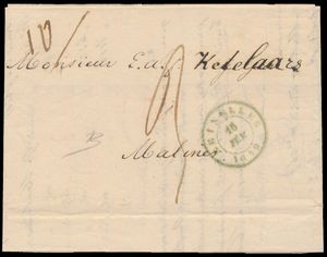 1849, voorloper met inhoud, vanuit Brussel, dd. 16 februari 1849, naar Mechelen (aankomststempel station de Malines), gewichtsaanduiding 10/ (10 gram), port 3 deciemen, zm