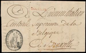 1795 Voorloper met inhoud, vanuit Tournay, dd. 17 pluvoise l'an 3 (5 februari 1795), naar L'administration centrale superieure de la Belgique te Bruxelles, Herlant 27 (Tournay in rood), zm