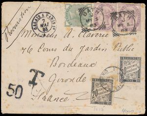 1883 Briefomslag zonder inhoud, vanuit Bath (Engeland), Yv. 67 en 73 (2x), naar Girande (Frankrijk), met additionele taxatie van 