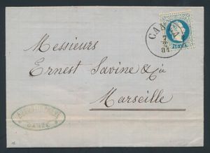1881 Oostenrijkse Levant, N° 4II (Mi.) brief uit Canea (tegenwoordig Chania, Kreta, Griekenland) naar Marseille, Frankrijk, voorzien van een 20so blauwe fijne afdruk, verzegeld met een bijzonder krachtige afdruk van de Canea c.d.s. met de datum in drie regels, Brindisi transit c.d.s. op de achterzijde, naast aankomststempel, prachtig exemplaar, gesigneerd door Gregory Todd, zm