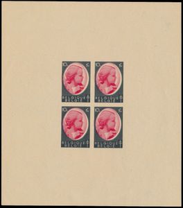 STES 4338 Proef (groot formaat), centrum rood en frame leigrijs, centrum verschoven naar rechts, in blok van 4, op dun wit gegomd papier, gedrukt in 2 kleuren, index 2, zm