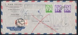 1961 Belgium N° 1029 (2x) and 1068 “3.50 fr. green-yellow” and “5 fr. purple”, Marchand type on a registered letter from Antwerp dated July 14, 1961, to Uvira, handwritten notes “PARTI SANS LAISSER D'ADRESSE” and “RETOUR À L'ENVOYEUR”, cancellation from Uvira dated 7/26/61 and returned to Antwerp on 9/15/61, vf