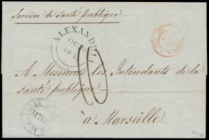 1844 complete pre-filatelistische gevouwen omslag van officieel karakter verzonden door de Volksgezondheidsdienst in Alexandrië naar de homologe instantie in Marseille, Frankrijk, waarin wordt gemeld dat 