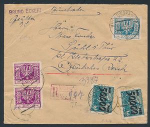 1924 Inflatieperiode, recobrief van Krolewska-Huta naar Suhl in Thüringen met mooie frankering, zm/m