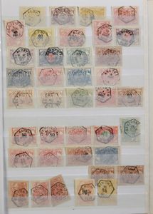 1884/1910 Verzameling 423 zegels met zeshoek-stempels in insteekboek, alfabetisch geklasseerd, zm/m