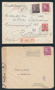 1941 en 1943, 2 censuurbrieven naar Nederland, 1 aangetekend met diverse frankeringen, zm