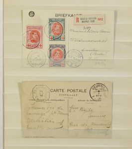 Samenstelling 33 poststukken in insteekboek, waarbij voorlopers, brieven, labels, ZK, beter materiaal, zm/m