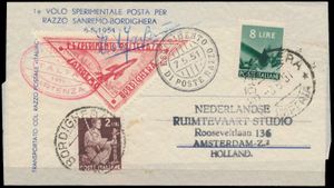 Communicatie/luchtpost, 1951, 2 omslagen experimentele post per radio vanuit Italië naar de Nederlandse Ruimtevaart, studie, beide met driehoekig vignet en speciale stempels, document bijgevoegd, zm