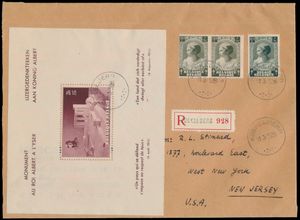 BL 8A + 3 x n° 461 op aangetekende brief van Koekelberg 11-3-1938 naar New York (USA), blok zonder stempel in rand, zeldzaam, zm 