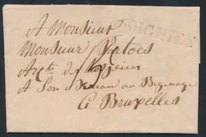 1821 Voorloper met inhoud vanuit Soignies (Herlant 15), dd. 1 april 1821, naar Bruxelles, port 