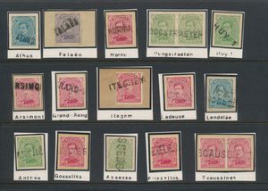 N° 137/139 en N° 141, 15 ex., alle met naamstempels, zoals Althus, Falaën, Iteghem, Antree, Lendelée, enz., zie scan, zm