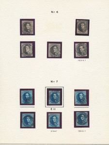N° 6 (5x), 7 (6x), 10 (2 blokken van 4 niet volrandig, w.o. eentje op brief, twee rechtopstaande paren en 6 zegels), 14 (1 brief van Pt.22 Auvelais, 6° dag na opening kantoor, 1 horizontaal paar en 6 zegels met 1 ongebruikt, tanding nakijken) en 15 (1 brief van Antwerpen, 8 zegels met 1 ongebruikt), zm/m