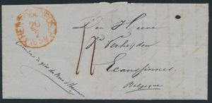 1858 Voorloper met inhoud, vanuit St. Hertogenbosch, dd. 20 februari 1858, naar Ecaussinnes, mooie grensstempel 