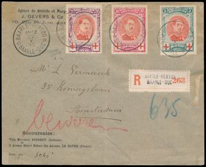 1915 N° 132/133 en 134A, op aangetekende briefomslag, vanuit Baarle Hertog, dd. 22 mei 1915, naar Amsterdam, zm (OBP +€400)