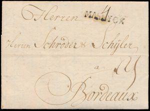 1756 Voorloper met inhoud, vanuit Bremen (Duitsland), met grensstempel 