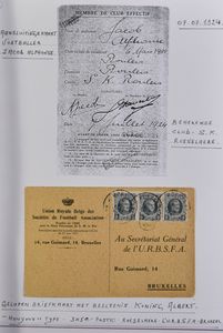 1915/1975 Koning Albert I, verzameling diverse uitgiften in insteekboek, waarbij Helm, Houyoux, Kepie, Kleine Montenez, met zegels, aansluitingskaarten, voetbal, voetbaltransfers, zm/m/ntz