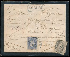 1883 N° 31 en 35, waardebrief van 500 frank, gewicht 18 gram (tweede gewichtsklasse), verstuurd vanuit Bruxelles, dd. 6/04/83, naar Pétange (Luxemburg), achterzijde 5 rode lakzegels, mooie stempel 