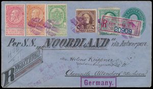 1897 USA postwaardestuk, met frankering Yv. n° 41 en 76, vanuit New York (aangetekend), dd. 9 maar 1897, via de S.S. Noorland (via Antwerpen), additionele frankering N° 56, 57 en 58, naar Chemnitz-Attendorf (Sachen) in Duitsland, gemengde frankering, zm