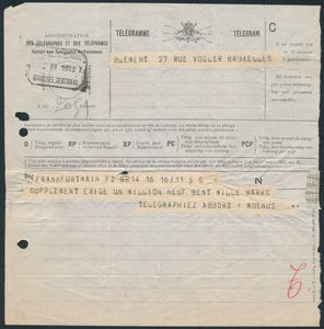 Lotje van 5 oude telegrammen, vanuit Brussel naar Frankfurt (1922), Genappe naar Mouscron (1919), Maeseyck naar Leuth (1912), Liège (centrale) en St. Hubert naar Liège (1897), zm/m