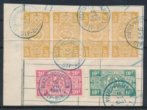 1920/1951 Samenstelling 36 zegels + 11 fragmenten met allerlei diverse stempels (post, telegraaf, DTP, gewicht, 