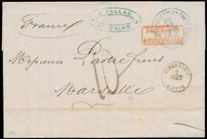 omslag uit 1865 verzonden van Caïro naar Marseille, Frankrijk aanvankelijk via het Egyptische postkantoor, met 