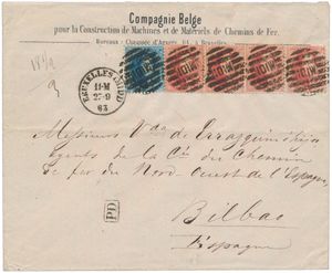 1863 N° 15 en 16 (4x), op briefomslag, vanuit P.MIDI-Bruxelles Midi (8 lijnen), dd. 23 september 1863, naar Bilbao. Manuscript gewicht 