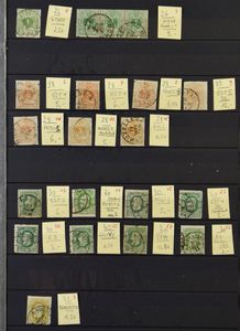1865/1945 Samenstelling diverse stempels op diverse uitgiften, in insteekboek w.o. veel n° 30 en 46, zm/m