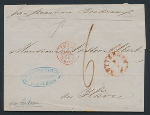 1853 Voorloper vanuit Rotterdam, dd. 2 juli 1853, naar Le Havre, port 6, met manuscript 