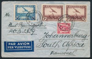 1935 Luchtpostbrief van Brussel naar Johannesburg dd. 14/2/1935 met LP 1, LP 4 (2x) en n° 423, zm/m
