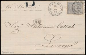 1875 N° 40c (S.G.) omslag van Caïro naar Livorno, Italië, voorzien van een 2 1/2 pi paars, perforatie 12 1/2 x 13 1/2 van de Bulaq-uitgifte, netjes vastgebonden met afstempels van vertrek, doorvoer en aankomst op de achterzijde, in alle opzichten van uitstekende kwaliteit en een gewild exemplaar van deze enkele frankering, gesigneerd door Gregory Todd, zm
