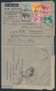 1949 Airmail letter from Malaysia, superb franking, 6 colours, addressed to Matadi and forwarded to Uvira, containing very interesting material on British military operations against Malay smugglers, vf