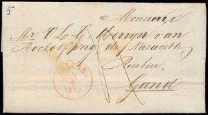 1852 Voorloper met inhoud, vanuit Sluis (Nederland), bekend onder L'Ecluse, stempel (rood enkel cirkel) niet opgenomen in Herlant, dd. 8 januari 1852, naar Gent, op keerzijde mooie grensstempel Hollande par Bruges, port 4 decimen, zm