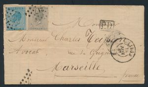 1867 N° 17/18, op brief met inhoud, vanuit Pt.217-Liège, dd. 18 november 67, naar Marseille (Frankrijk), 