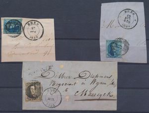 N° 6, 7 en 11A, niet volrandig, op drie documenten (waarvan 2 op fragment), alle met afstempeling D.9-Bree, met verschillende vertrekstempels, zm/m/ntz